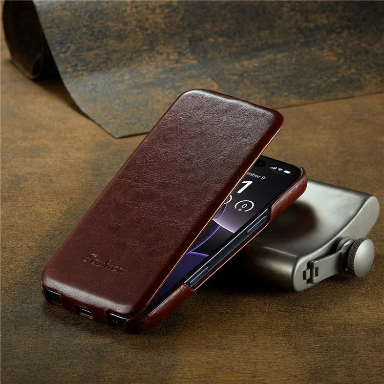 For iPhone 16 Pro Case Vertical Flip Leather Crazy Horse Texture Phone Cover