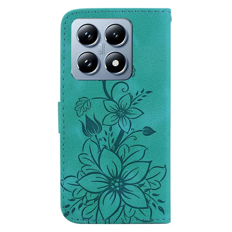 For Xiaomi 14T Pro Case Lily Flower Imprint Leather Phone Cover with Stand