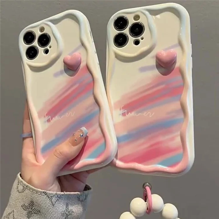 For iPhone 16 Pro Case Rainbow Graffiti 3D Heart Decor Silicone Phone Cover with Beaded Strap