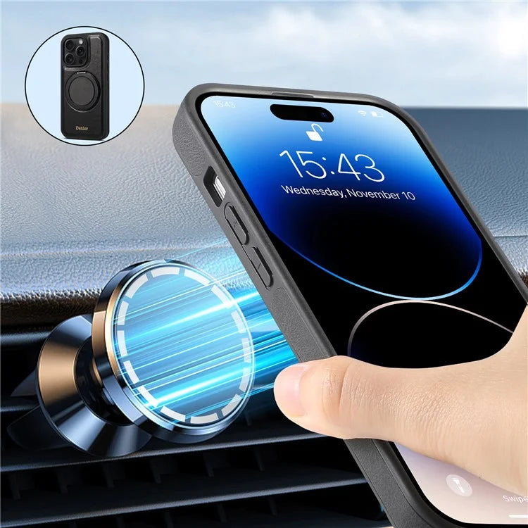 DENIOR For iPhone 16 Pro Max Case Rotating Magnetic Kickstand Genuine Cow Leather Phone Back Cover - Black