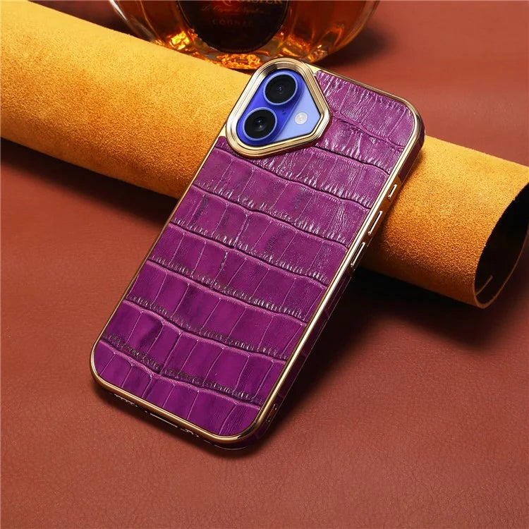 For iPhone 16 Case Genuine Cow Leather Crocodile Texture Electroplating Phone Cover