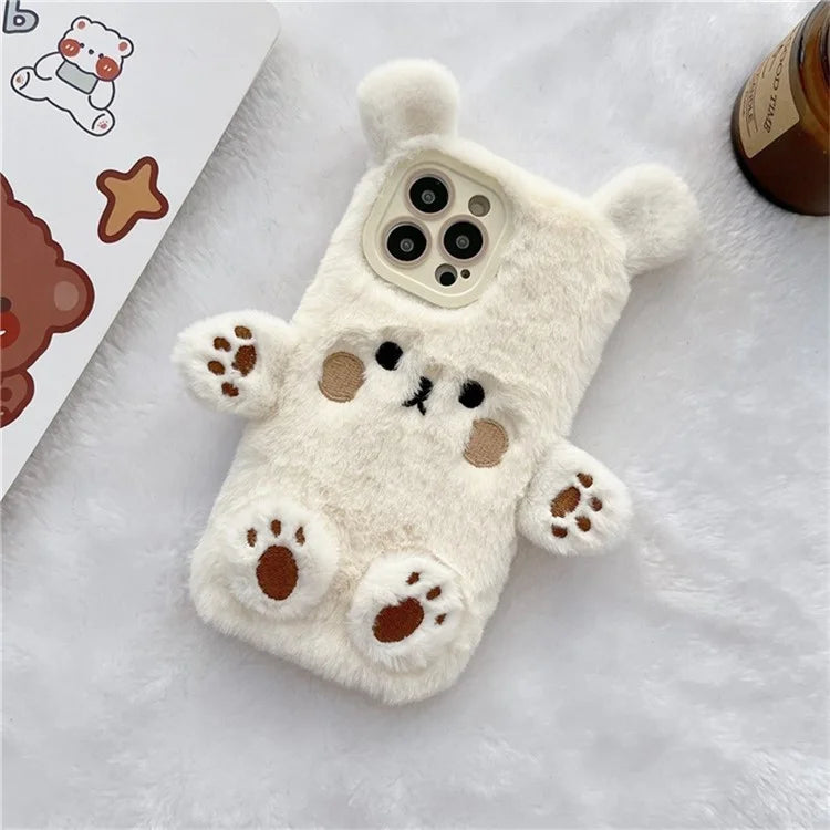 For iPhone 15 Pro Case Cartoon 3D Bear Furry Plush TPU Winter Warm Phone Cover