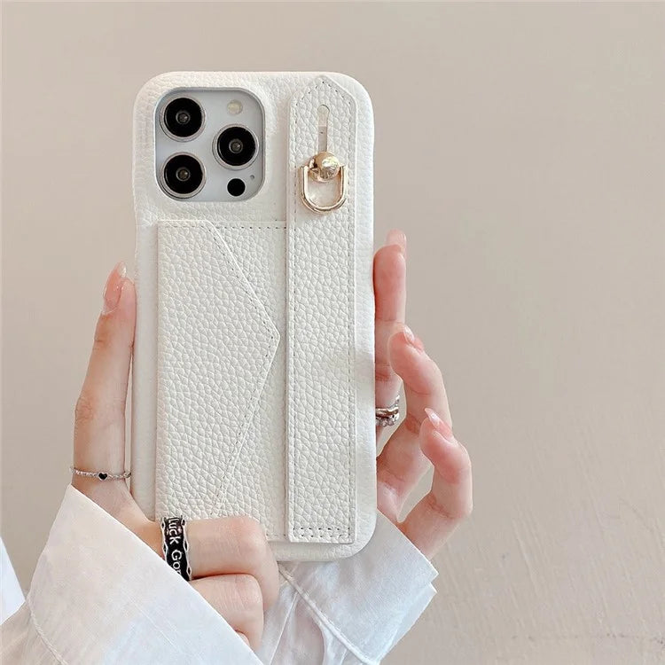 For iPhone 16 Pro Max Case Wristband Kickstand Card Slot PU Leather+PET Phone Cover