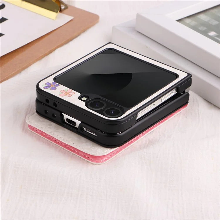 For Samsung Galaxy Z Flip6 5G / Flip5 5G Case Flower Pattern PU+TPU Phone Cover Card Slots