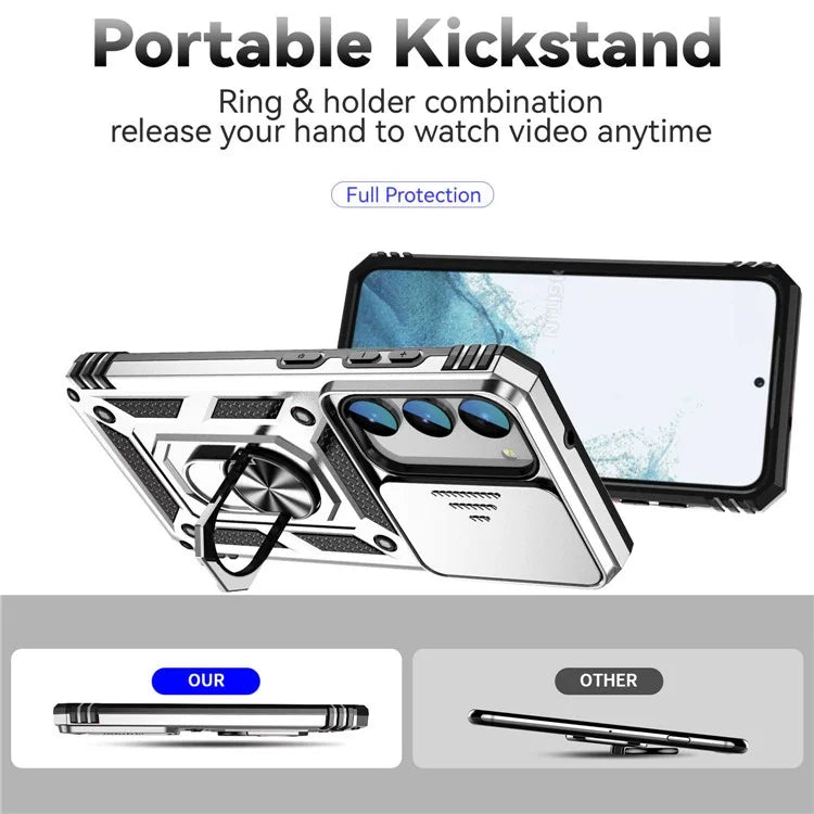 For Samsung Galaxy S23 Case Slide Camera Lid PC+TPU Phone Cover with Kickstand