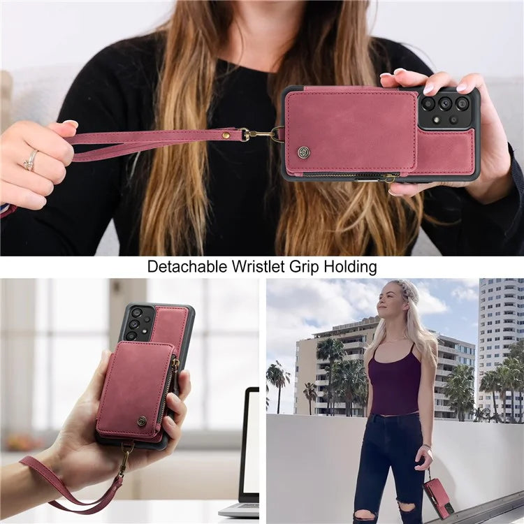 CASEME C20 Series for Samsung Galaxy A34 5G RFID Blocking Anti-fall Phone Cover Zipper Pocket Kickstand Phone Case with Strap
