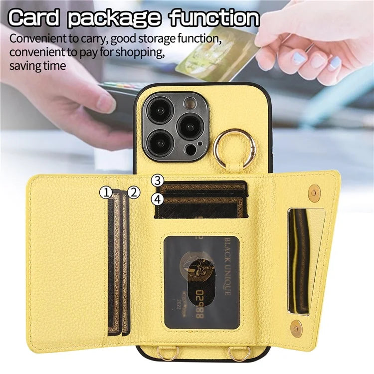 For iPhone 14 Pro Max Case Card Holder Stand Phone Cover with Shoulder Strap
