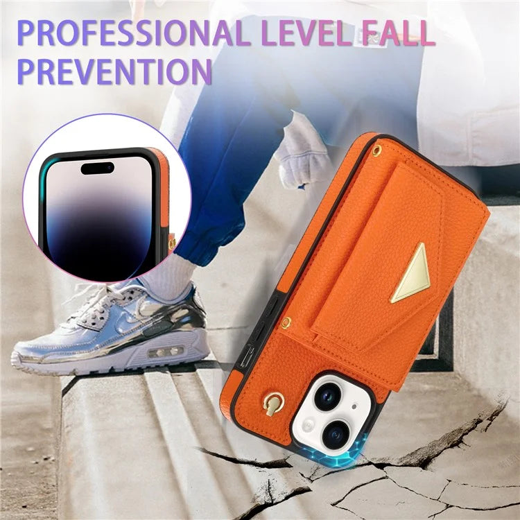 For iPhone 15 Plus Case Scratch Proof PU Leather+TPU Card Holder Cover with Shoulder Strap