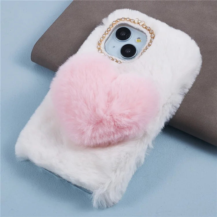 For iPhone 15 Plus Case Fluffy Plush + TPU Love Heart Design Phone Back Cover