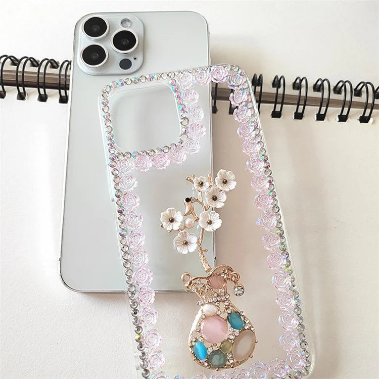 For iPhone 15 Pro Max Case Rhinestone Decor Slim-Fit Phone Cover PC Phone Shell