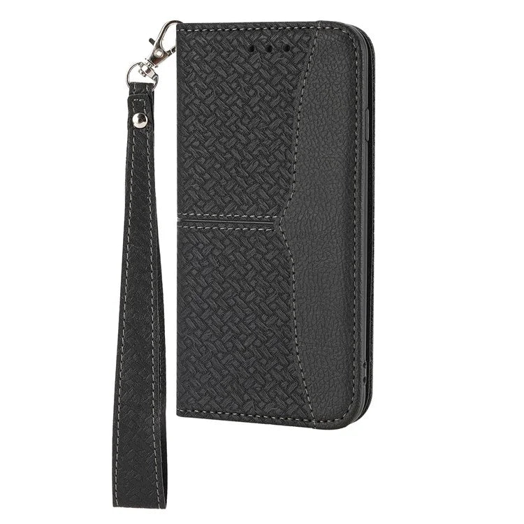For Samsung Galaxy A25 5G (Global) (161.0 x 76.5 x 8.3mm) Case Woven Texture PU Leather Stand Phone Wallet Cover with Strap