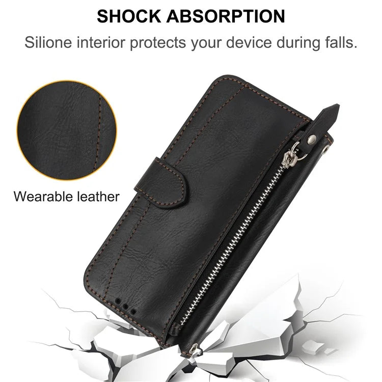 For Samsung Galaxy A25 5G (Global) (161.0 x 76.5 x 8.3mm) Case Zipper Pocket Anti-fall Leather Stand Phone Shell with 2 Straps
