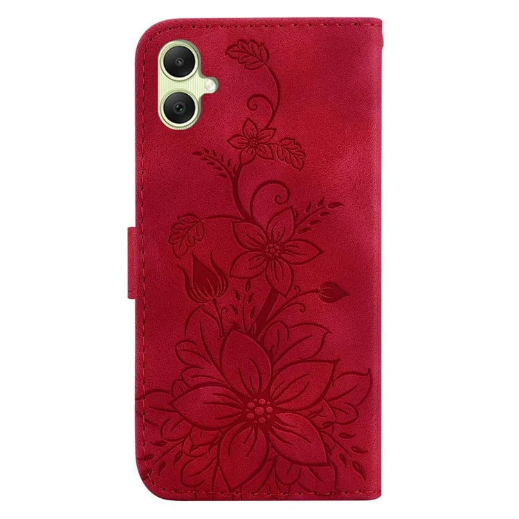 For Samsung Galaxy A05 4G Case Leather Wallet Lily Flower Imprint Phone Anti-drop Cover