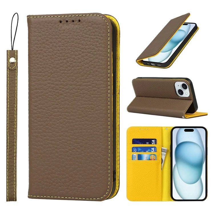 For iPhone 15 Case Litchi Texture Anti-scratch Genuine Cow Leather Cover Stand Wallet