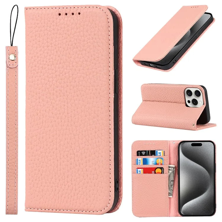 For iPhone 15 Pro Case Genuine Cow Leather Litchi Texture Phone Shell Wallet Cover