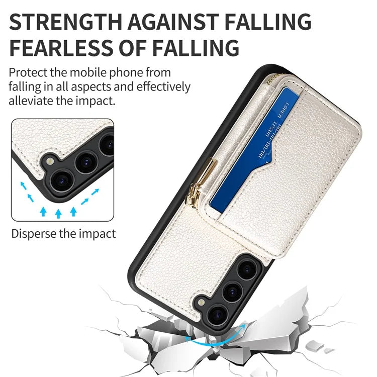 For Samsung Galaxy S24+ Case Kickstand Cover PU Leather+TPU Zipper Wallet with Chain Strap