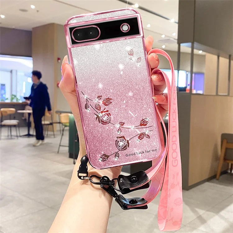 KADEM For Google Pixel 6a Case Rhinestone Decor Glitter Phone TPU Cover with Strap