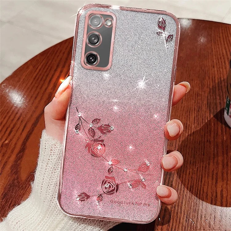 KADEM For Samsung Galaxy S20 FE 4G / FE 5G / S20 Lite / S20 FE 2022 Case Glitter TPU Flower Decor Phone Cover with Strap