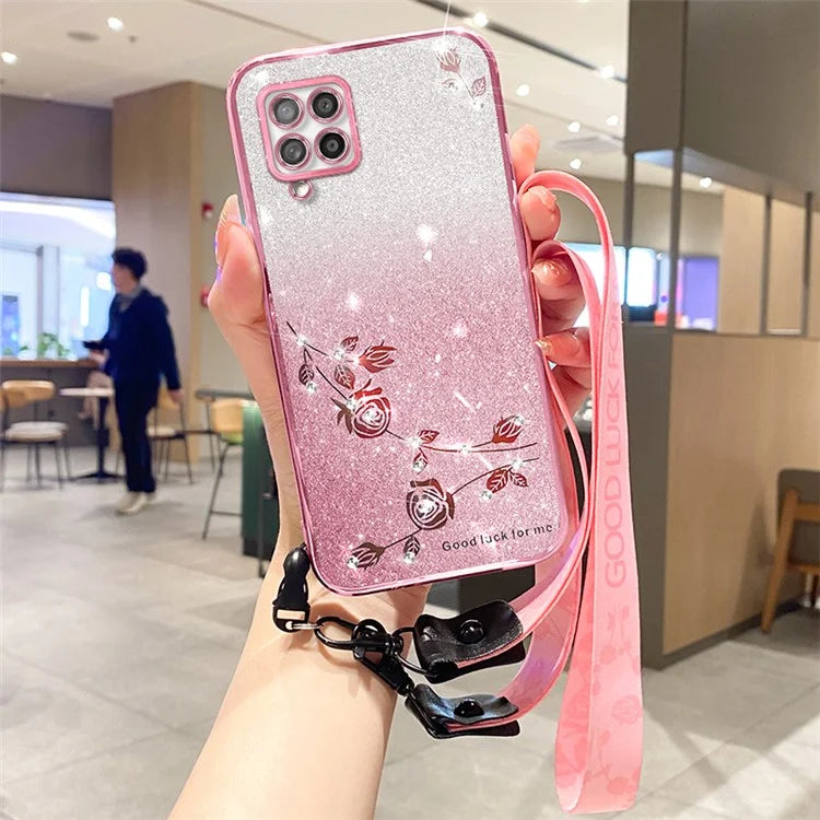 KADEM For Samsung Galaxy M33 5G (Global Version) Case Rhinestone Flower TPU Phone Cover with Strap