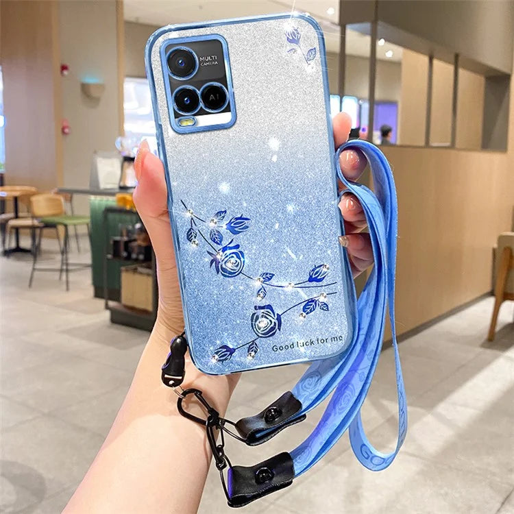 KADEM For vivo Y21 / Y21s / Y21a 4G / Y21e 4G / Y21t 4G / Y33s / Y33t 4G Case Flower Decor TPU Cover with Strap