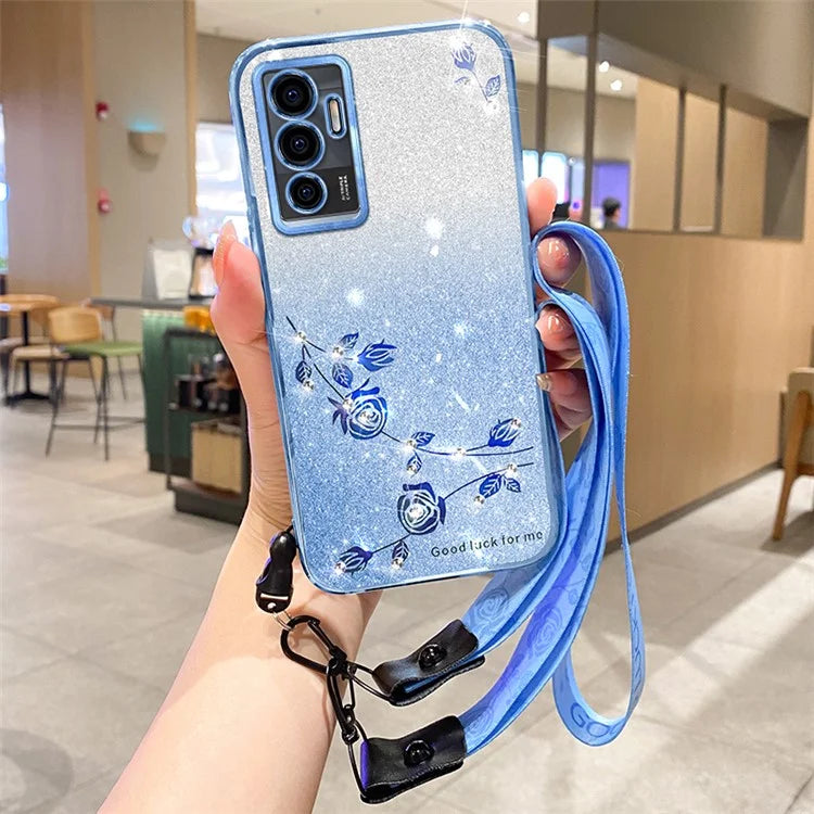 KADEM For vivo Y75 4G / S10e 5G / V23e 4G / 5G Case Glitter Flower TPU Phone Cover with Strap