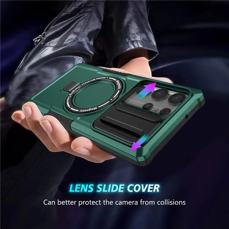 For Samsung Galaxy S23 Ultra Case Slide Lens Window Kickstand Phone Coverish Green