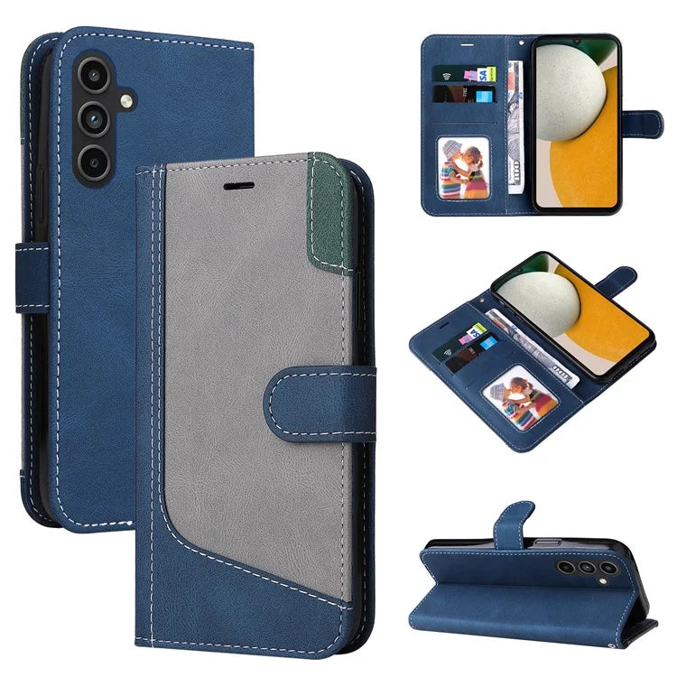 For Samsung Galaxy A15 5G Case Three-color Splicing Wallet Stand Phone Cover with Strap