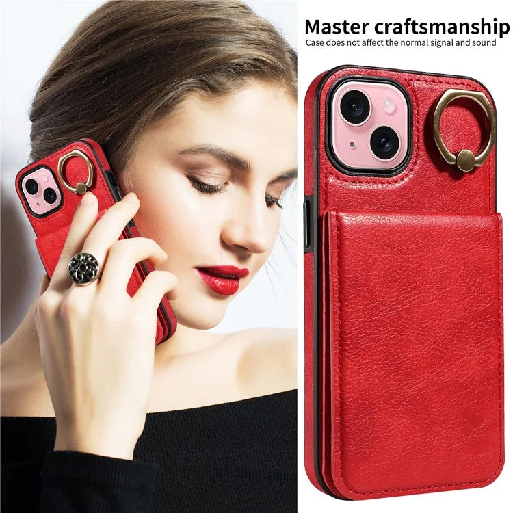 004 For iPhone 15 Case Card Holder Drop Proof PU Leather+TPU Phone Cover