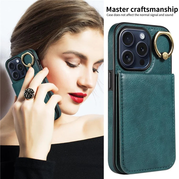 004 For iPhone 15 Pro Case Rotary Kickstand PU Leather+TPU Phone Cover