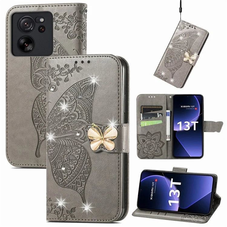 For Xiaomi 13T Pro / 13T / Redmi K60 Ultra Case Butterfly Imprinted Wallet Rhinestone Stand Leather Cover