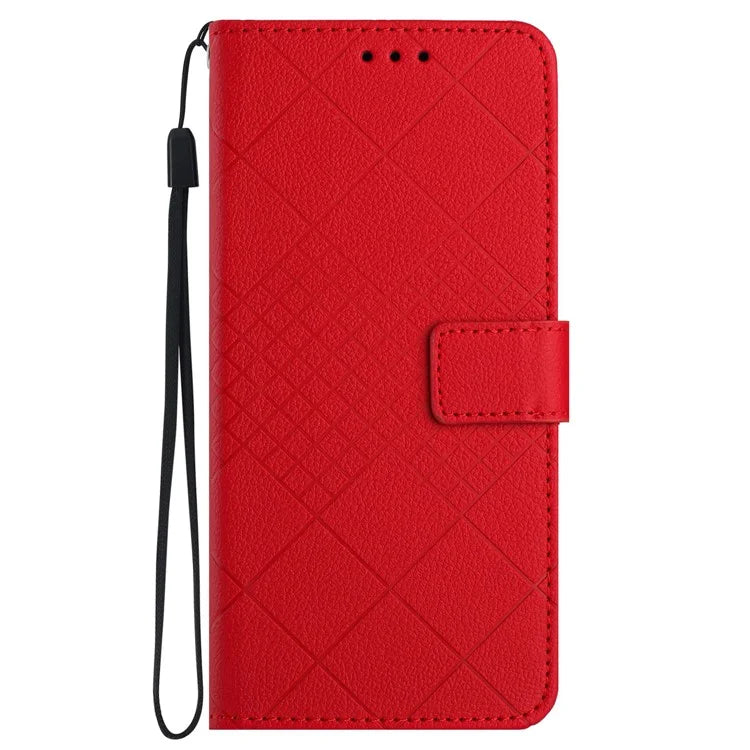 HT06 For iPhone 13 6.1 inch Case Imprint Rhombus Pattern Stand PU Leather Phone Cover