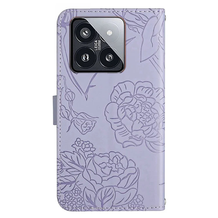 HT03 For Xiaomi 14 Pro Case Stand Wallet Imprinted Phone Cover with Shoulder Strap