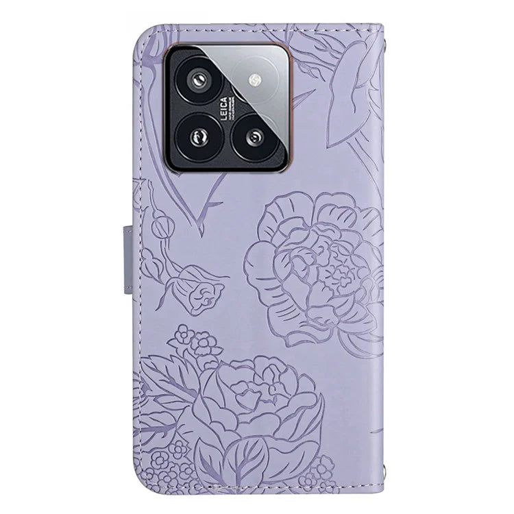 HT03 For Xiaomi 14 Case Flower Butterfly Wallet Phone Cover with Shoulder Strap