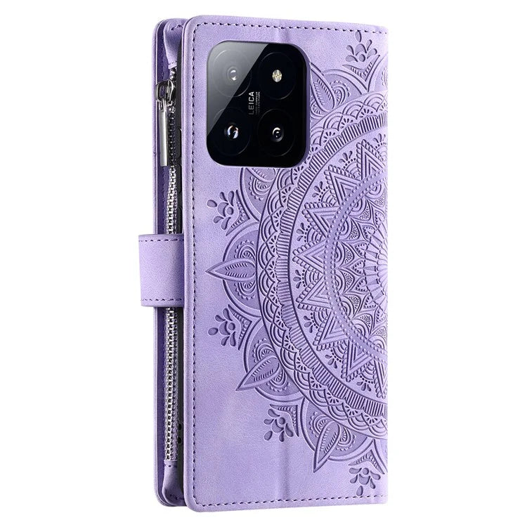 006 For Xiaomi 14 Case Slim-Fit Phone Shell Leather Wallet Imprinted Phone Cover with Strap
