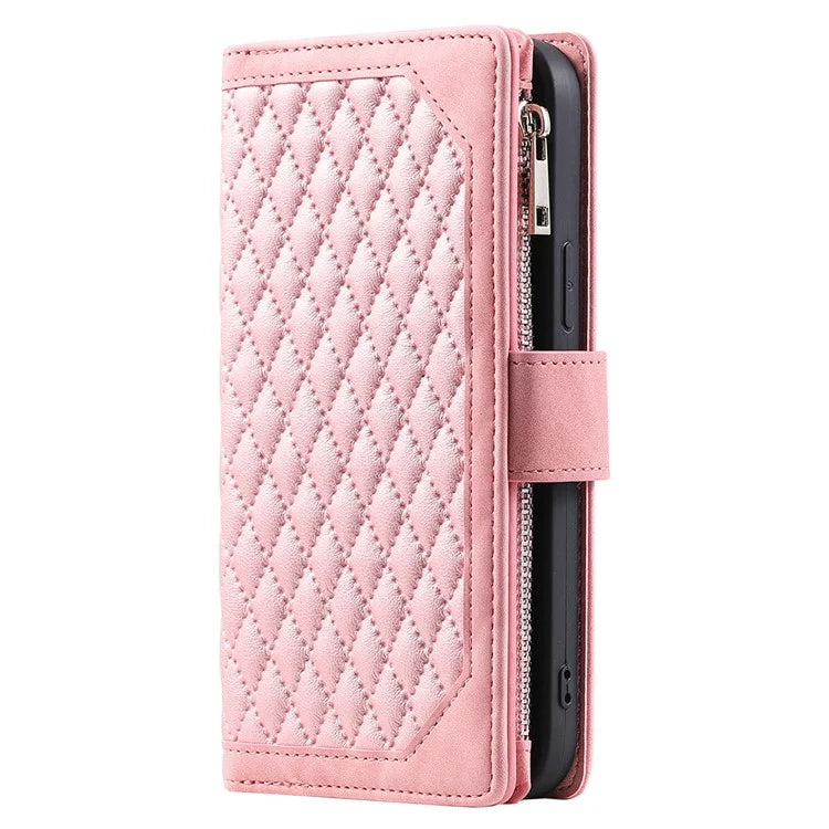 005 Style For Xiaomi 14 Case PU Leather Zipper Pocket Rhombus Phone Cover with Strap