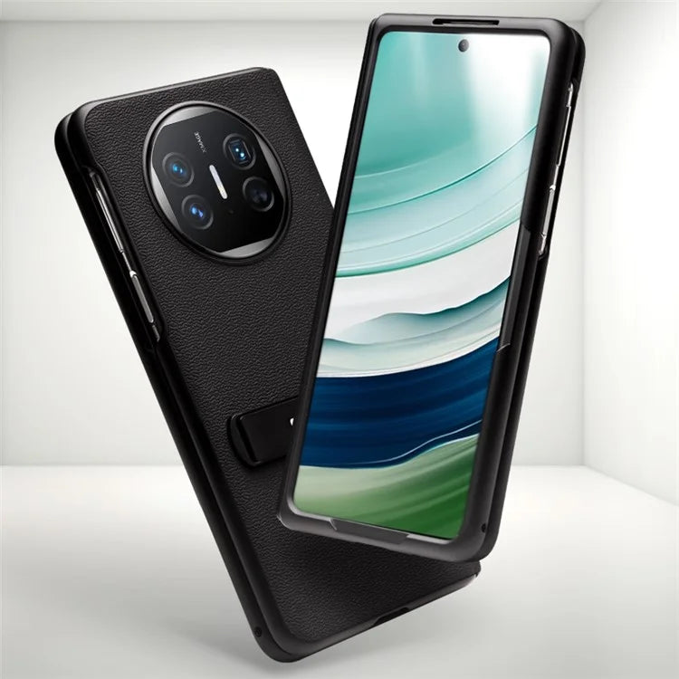 QIALINO For Huawei Mate X5 Case Anti-drop Genuine Cow Leather+PC Kickstand Phone Cover with Tempered Glass Film