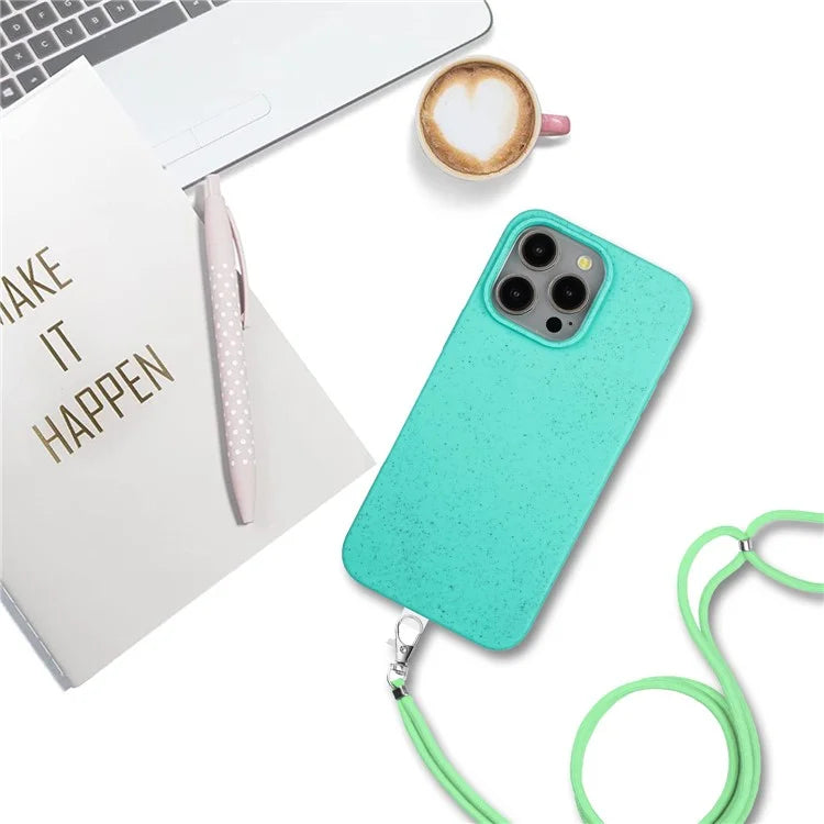 Eco-friendly Wheat Straw+TPU Case for iPhone 13 Pro Max 6.7 inch Phone Cover with Long Rope