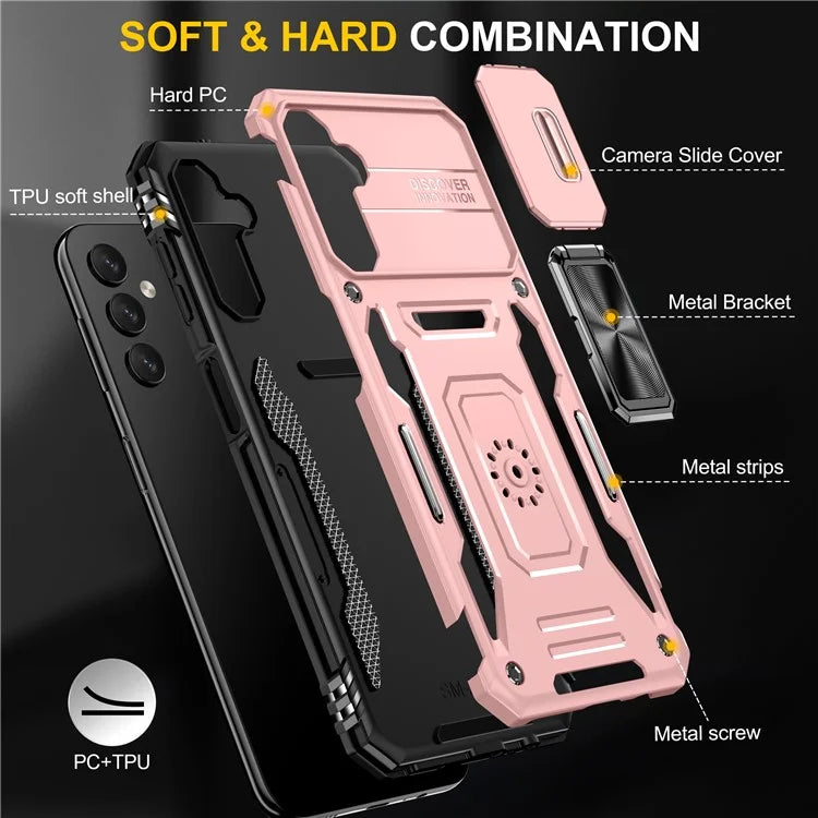 Armor Series For Samsung Galaxy A15 4G Case PC+TPU Anti-Drop Kickstand Phone Cover with Slide Lens Shield