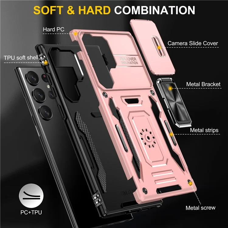Armor Series For Samsung Galaxy S24 Ultra Case Slide Lens Protection Shockproof PC+TPU Kickstand Phone Cover