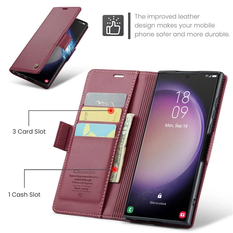 CASEME 023 Series For Samsung Galaxy S24 Ultra Case Glossy Litchi Texture Stand Phone Cover