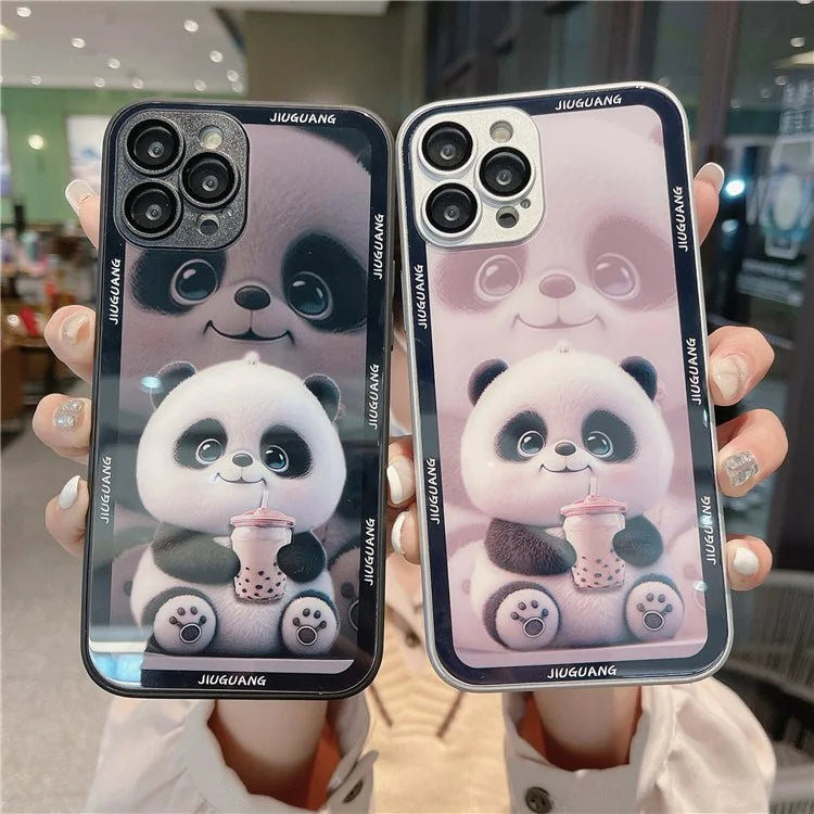 Cell Phone Cases for iPhone 15 Pro Milk Tea Panda Pattern Tempered Glass+TPU Cover with Lens Film