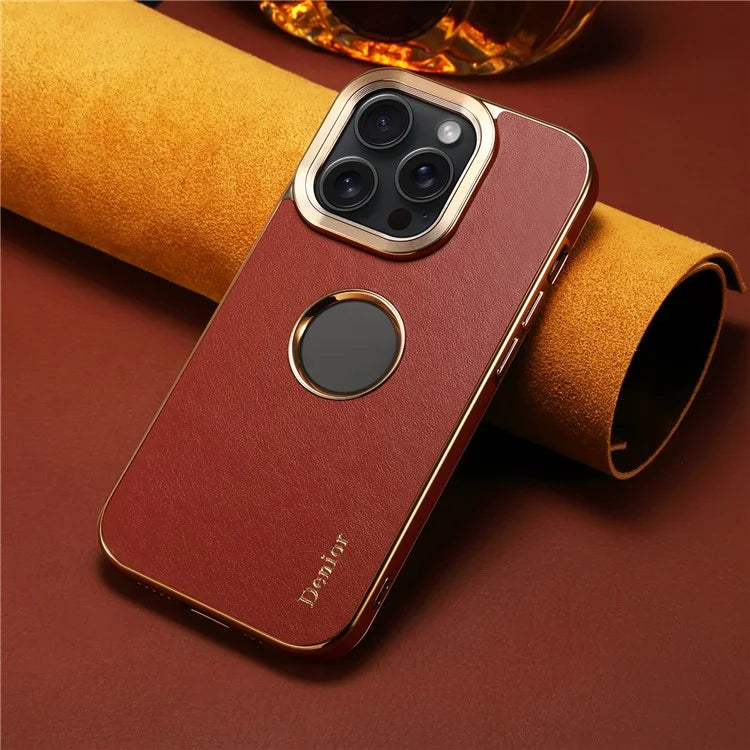 DENIOR For iPhone 14 Pro Max Case PC+TPU+Genuine Cow Leather Electroplating Phone Cover