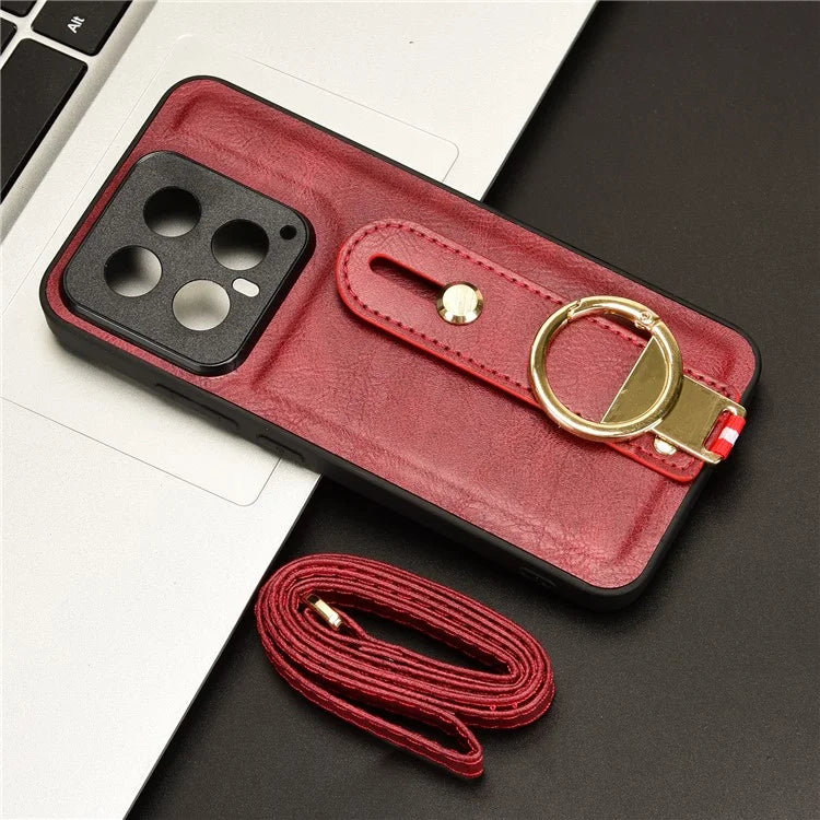 Cell Phone Case for Xiaomi 14 Anti-scratch PU Leather+PC+TPU Wristband Cover