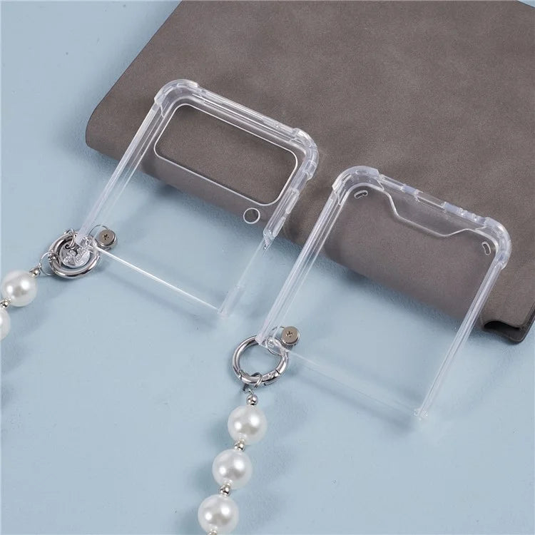 For Samsung Galaxy Z Flip4 5G Clear Phone Case Corners Protection Hard PC Cover with Chain