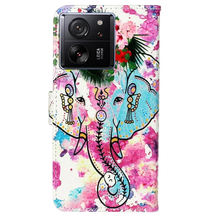 For Xiaomi 13T / 13T Pro / Redmi K60 Ultra Case Pattern Printed Flip Stand Phone Protective Cover with Wrist Strap Elephant