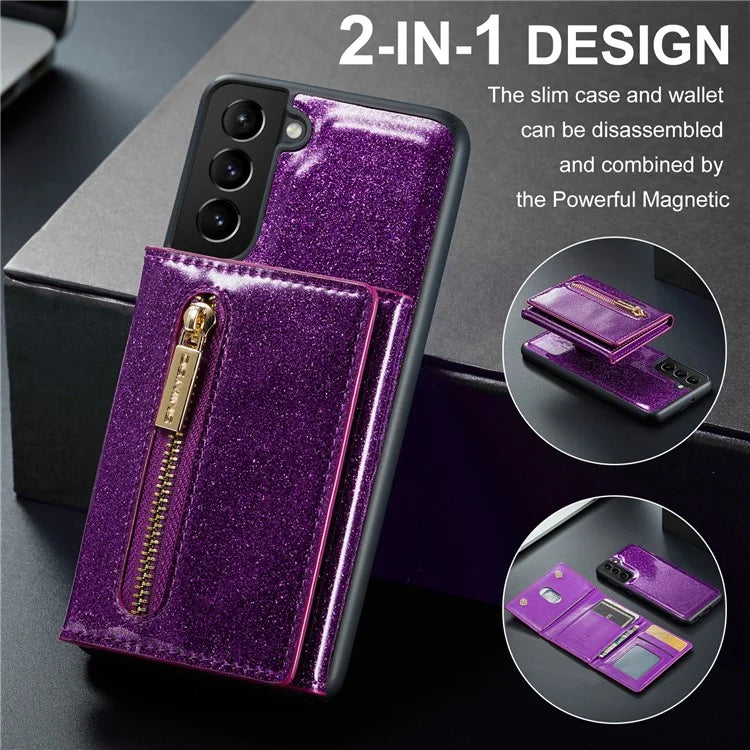 DG.MING M3 Series For Samsung Galaxy S24 Kickstand Case Detachable Wallet Glitter Phone Cover