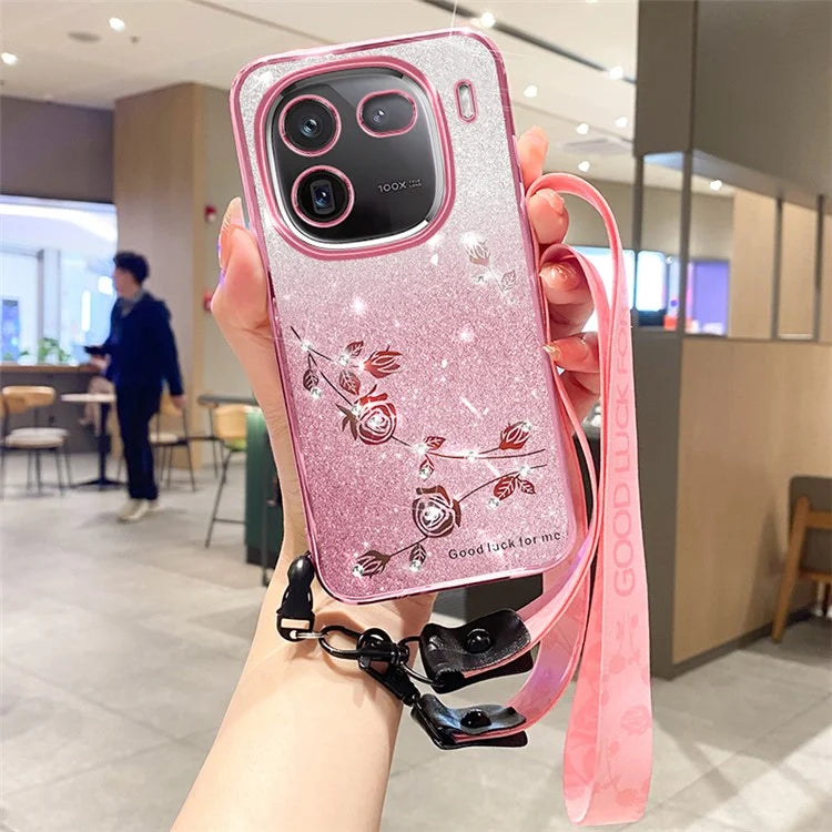 KADEM For vivo iQOO 12 Pro 5G Cover Rhinestone Decor TPU Cell Phone Case with Strap