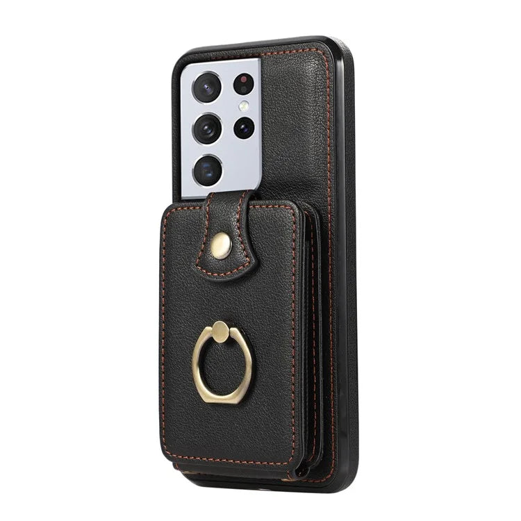 For Samsung Galaxy S21 Ultra 5G Case Card Holder Kickstand TPU+PU Leather Phone Cover