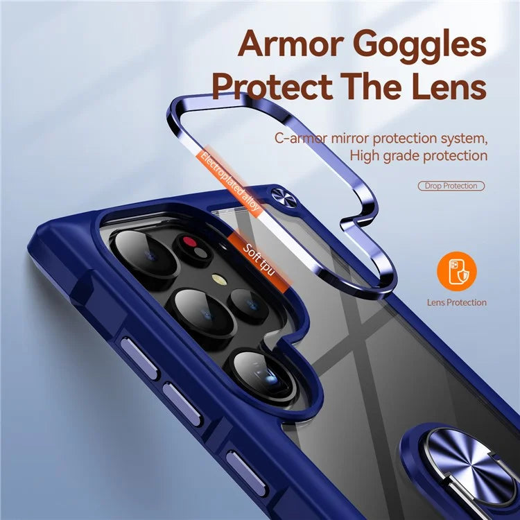 For Samsung Galaxy S24 Ultra Case Drop-proof PC+TPU Metal Ring Kickstand Phone Back Shell