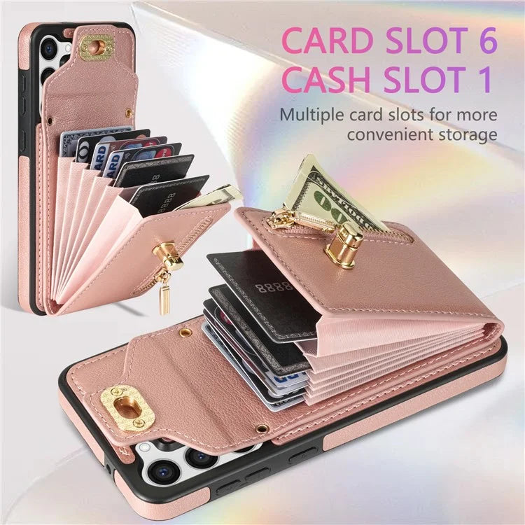 For Samsung Galaxy S24 Ultra Leather Coated TPU Cover Zipper Pocket Card Slots Phone Case with Kickstand
